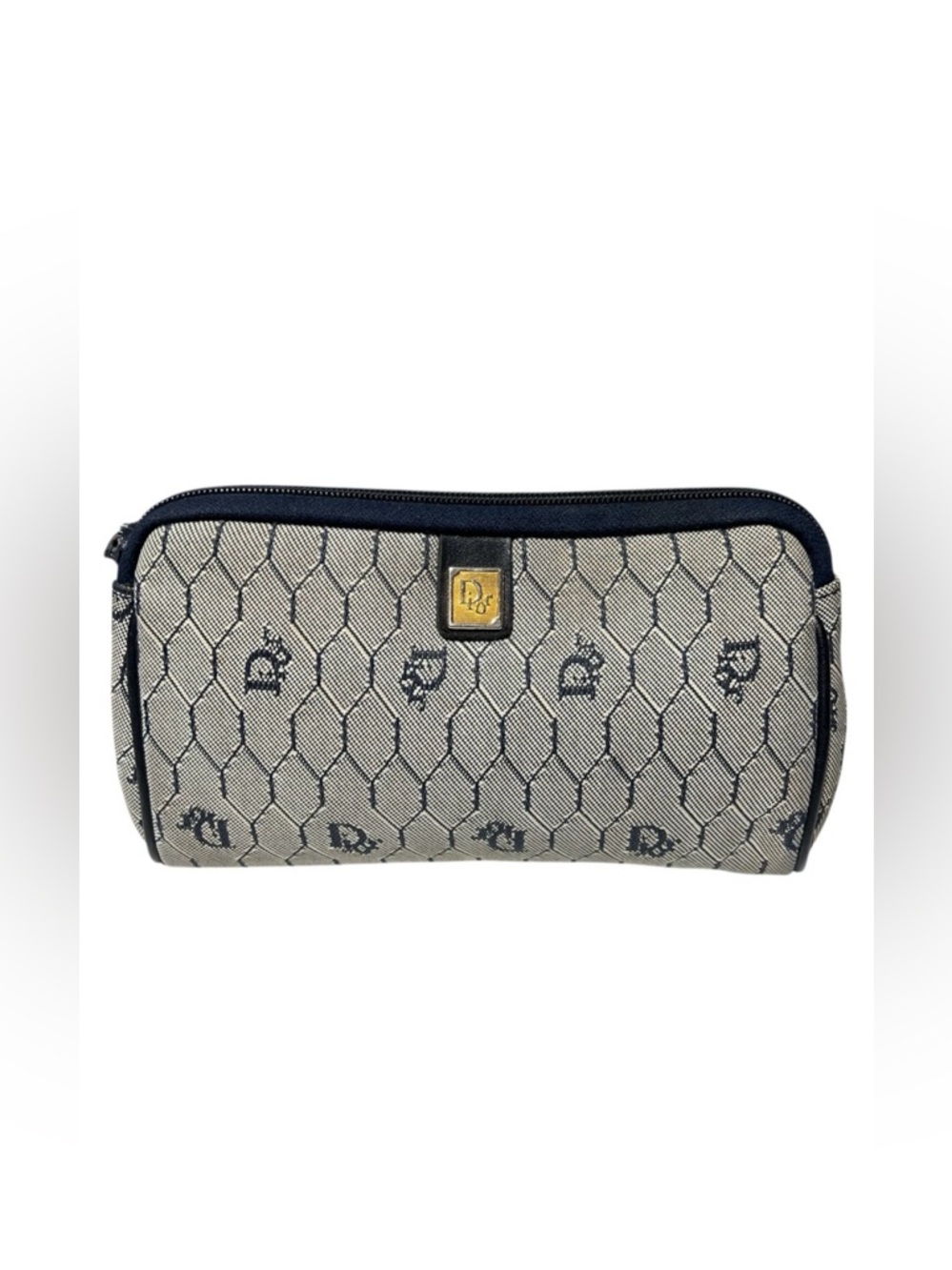 Christian Dior • Vintage Trotter Pouch Clutch Bag Navy Blue Honeycomb Canvas PVC